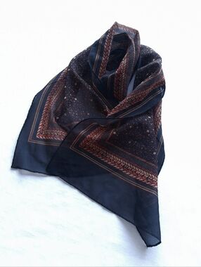 Vintage Scarf Rectangular Black Tan Red  Lightweight Sheer